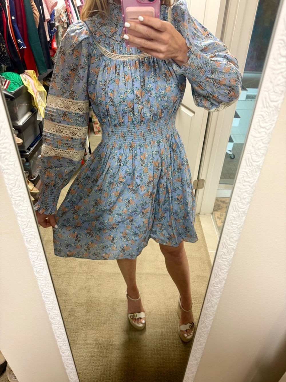 HUNTER BELL Ryan Dress Ditsy Blue Floral, High Neck Smocked - Picture 5 of 7